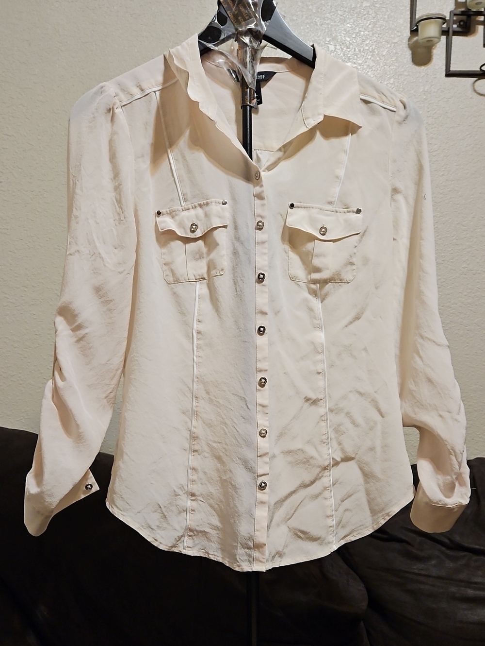 100% Silk White House Black Market Cream Button-Front Utility Blouse